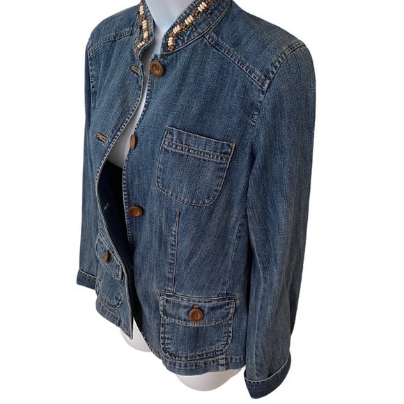 SIGRID OLSEN BOHO DENIM JACKET STRUCTURED WITH WOOD BEADS EMBROIDERED SIZE SMALL - Picture 10 of 16